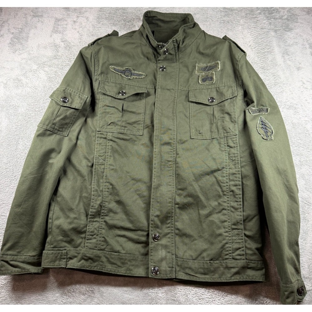 Mens XXL Military Field Jacket Olive Green Airborne Patches Utility Combat Style